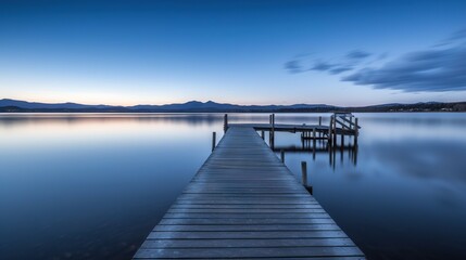  a long dock sitting on top of a lake under a blue sky. generative ai