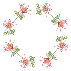 Fototapeta na wymiar Round floral frame with blooming branches of Grevillea flower. Grevillea banksii. Botanical wreath border with exotic red blossom. Isolated vector illustration.