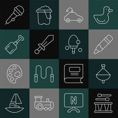Set line Drum with drum sticks, Whirligig toy, Pencil eraser, Radio controlled car, Sword, Shovel, Microphone and Racket icon. Vector