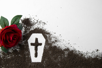 front view of coffin shape with dark soil and red flower on white surface funeral grim reaper