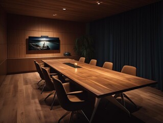 Empty wooden conference room with big table