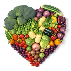 Different vegetables lie on white background in the form of heart. Top view. Generative AI