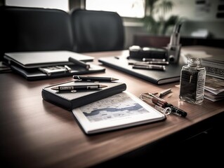 Wooden desk with papers and pen