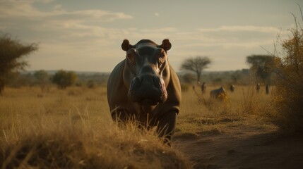 Hippo in a cinematic savanna background with beautiful colors generative ai