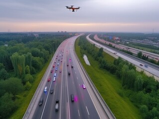 Drone hovering above highway
