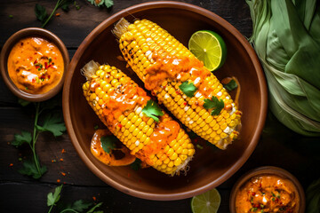 Fried cob corn with vegan sauce in clay bowl on dark background. Tasty and healthy food. Copy space. Close-up. Generative Ai