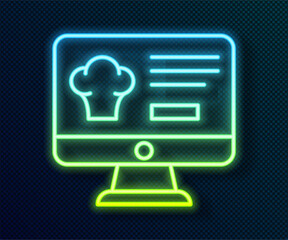 Glowing neon line Online ordering and fast food delivery icon isolated on black background. Vector