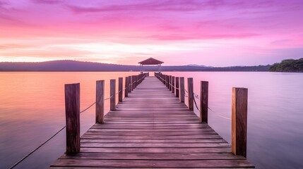  a dock with a gazebo on it at sunset or dawn. generative ai