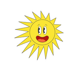 Retro groovy funky crazy sun character. Psychedelic hippie old funny solar mascot. Abstract vintage hippy bright smiley sticker. Trendy y2k pop culture smiling sunny hipster symbol vector trippy print