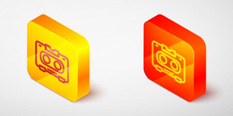 Isometric line Retro audio cassette tape icon isolated on grey background. Yellow and orange square button. Vector