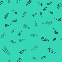 Black line Beer bottle icon isolated seamless pattern on green background. Vector