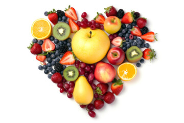 Naklejka na ściany i meble Different fruits lie on white background in the form of heart. Top view. Generative AI