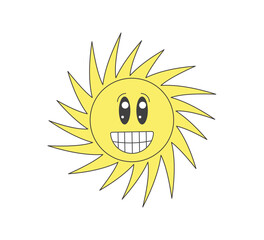 Retro groovy twisted shiny sun crazy character. Psychedelic hippie old funny solar mascot. Abstract vintage hippy smiley sticker. Trendy y2k pop culture smiling sunny hipster symbol. EPS trippy print