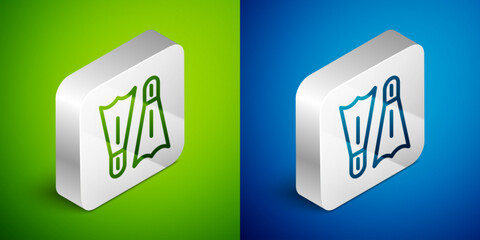 Isometric line Rubber flippers for swimming icon isolated on green and blue background. Diving equipment. Extreme sport. Diving underwater equipment. Silver square button. Vector