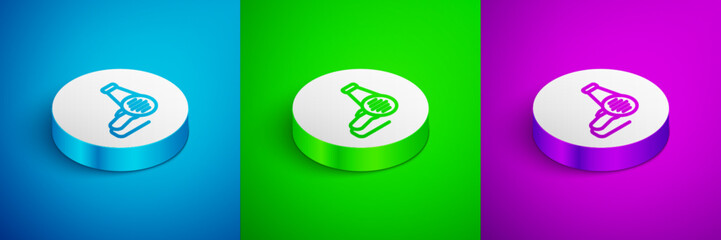 Isometric line Hair dryer icon isolated on blue, green and purple background. Hairdryer sign. Hair drying symbol. Blowing hot air. White circle button. Vector