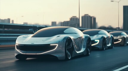 Futuristic car vehicles on highway with full self driving. AI generated