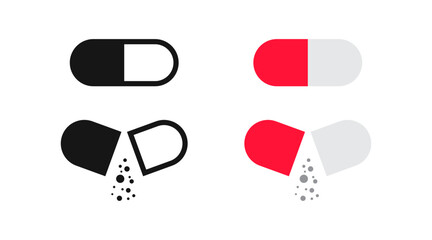 Medicine capsule icon. Pill symbol. Tablet signs. Medical drug symbols. Antibiotic icons. Black, flat color. Vector sign.