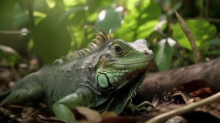 Fototapeta premium Iguana in a cinematic tropical forest background with beautiful colors generative ai