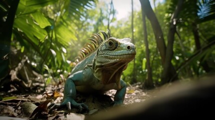 Fototapeta premium Iguana in a cinematic tropical forest background with beautiful colors generative ai