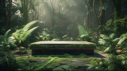 A stone podium for product presentation in a lush green jungle forest environment. Mock-up. AI generated