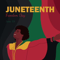 Vector square banner with black woman on red, green and black background color of African flag. Freedom or Emancipation Day. Annual American holiday. Banner for website, social media, print.