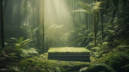 A stone podium for product presentation in a lush green jungle forest environment. Mock-up. AI generated