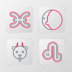 Set line Leo zodiac, Aries, Eclipse of the sun and Pisces icon. Vector