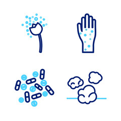 Fototapeta premium Set line Dust, Medicine pill or tablet, Hand with psoriasis eczema and Flower producing pollen icon. Vector