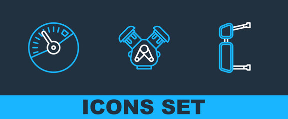 Set line Truck side mirror, Speedometer and Car engine icon. Vector