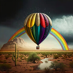 Obraz premium superb colorful hot air ballon approaching a rainbow created with Generative Ai