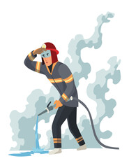 Brave firefighter in action. Man from fire brigade, standing full face in form of fireman, with personal protective equipment. Safety, rescue and emergency service concept