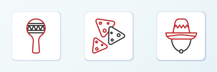 Set line Mexican sombrero, Maracas and Nachos icon. Vector