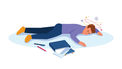 Vector illustration of a fainting boy. Cartoon scene with a guy who got sick and lost consciousness, lying on the floor with scattered things isolated on a white background.