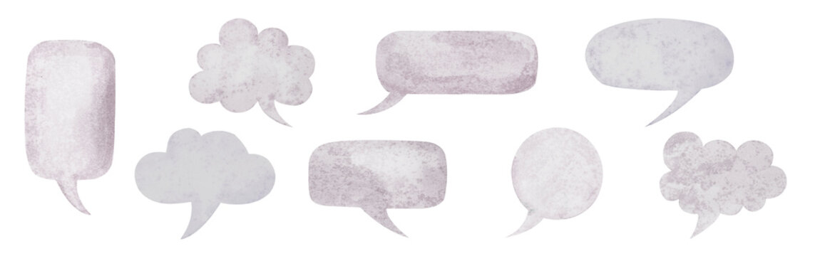 Collection of speech bubbles and dialog balloons. Hand watercolor painting. Isolated clip art elements for design, decor, creative collages..