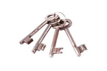 A simple set of 4 old worn metal keys on one keychain, object isolated on white, cut out, nobody. Prison jail cell keys key chain, safety, security measures, keys in technology abstract concept