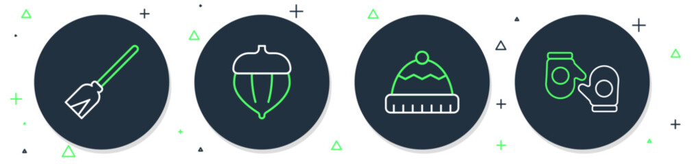 Set line Acorn, Winter hat, Handle broom and Christmas mitten icon. Vector