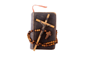An old prayer book or Holy Bible, christian cross and a rosary prayer abstract concept, nobody...