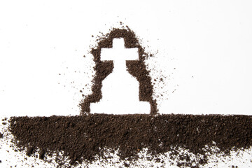top view cross shape with dark soil on white surface funeral grim reaper