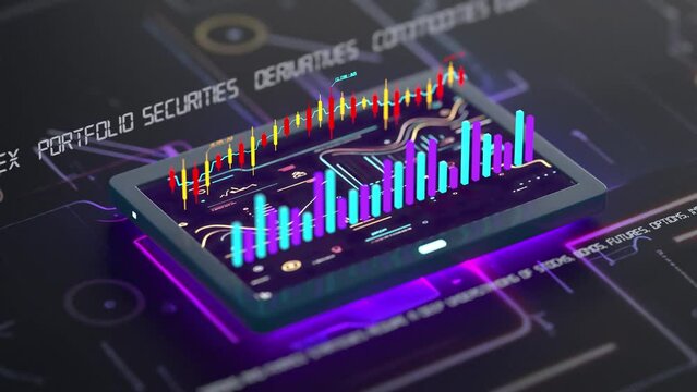 3D Animated Trading device - Graphs - Charts Infographics - Tablet screen - 4K
