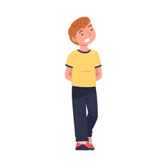 Happy Smiling Boy Character Standing with Hands Behind Vector Illustration