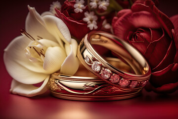 Romantic Treasures: A Delicate Bouquet and Symbolic Rings for Eternal Love, ai generative