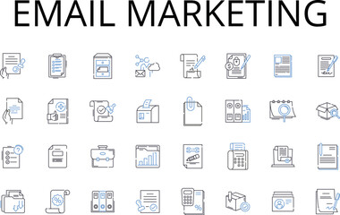 Email marketing line icons collection. Social media, Affiliate marketing, Content creation, Direct marketing, Video advertising, Event marketing, Mobile advertising vector and linear illustration
