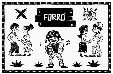 Forró, traditional party from the northeast of Brazil. Dancers and accordionist. art in woodcut and cordel style.