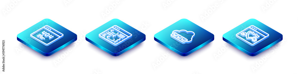 Poster set isometric line page with a 404 error, software, web development and browser shield icon. vector