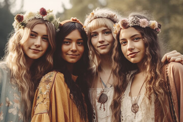 Fototapeta premium Portrait of a group of young beautiful women, dressed in the hippi clothes, Generative ai