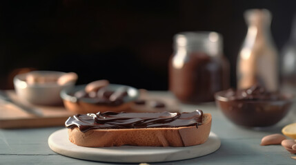 Toast with chocolate spread in the kitchen. Delicious breakfast concept. AI generated - obrazy, fototapety, plakaty