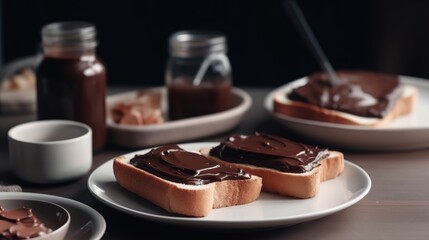 Toast with chocolate spread in the kitchen. Delicious breakfast concept. AI generated