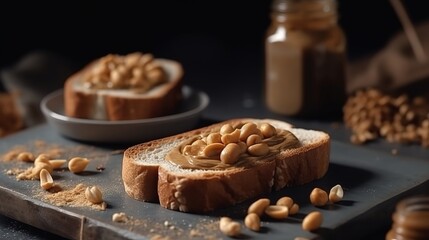 Toast with peanut butter in the kitchen close-up. Toast for breakfast. AI generated