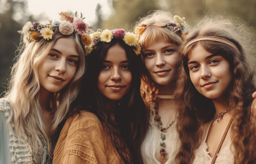 Obraz premium Portrait of a group of young beautiful women, dressed in the hippi clothes, Generative ai