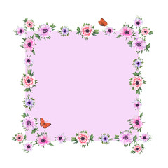 Watercolor birthday square frame with anemones, butterflies isolated on white background . Illustration for greeting, birthday card design, invitation template, prints, party decoration